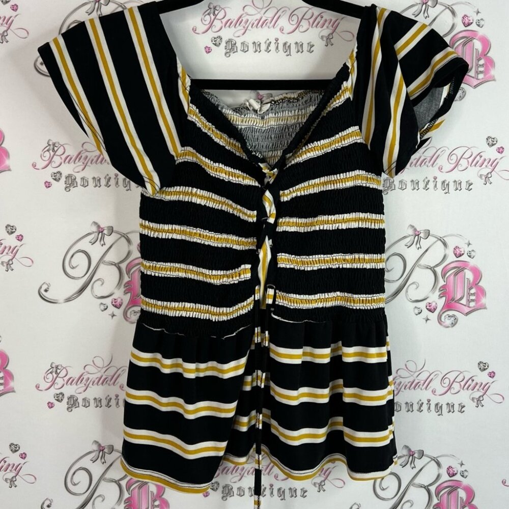 New & next tshirt stripes tie up smocked Elegant Black Yellow Striped Blouse